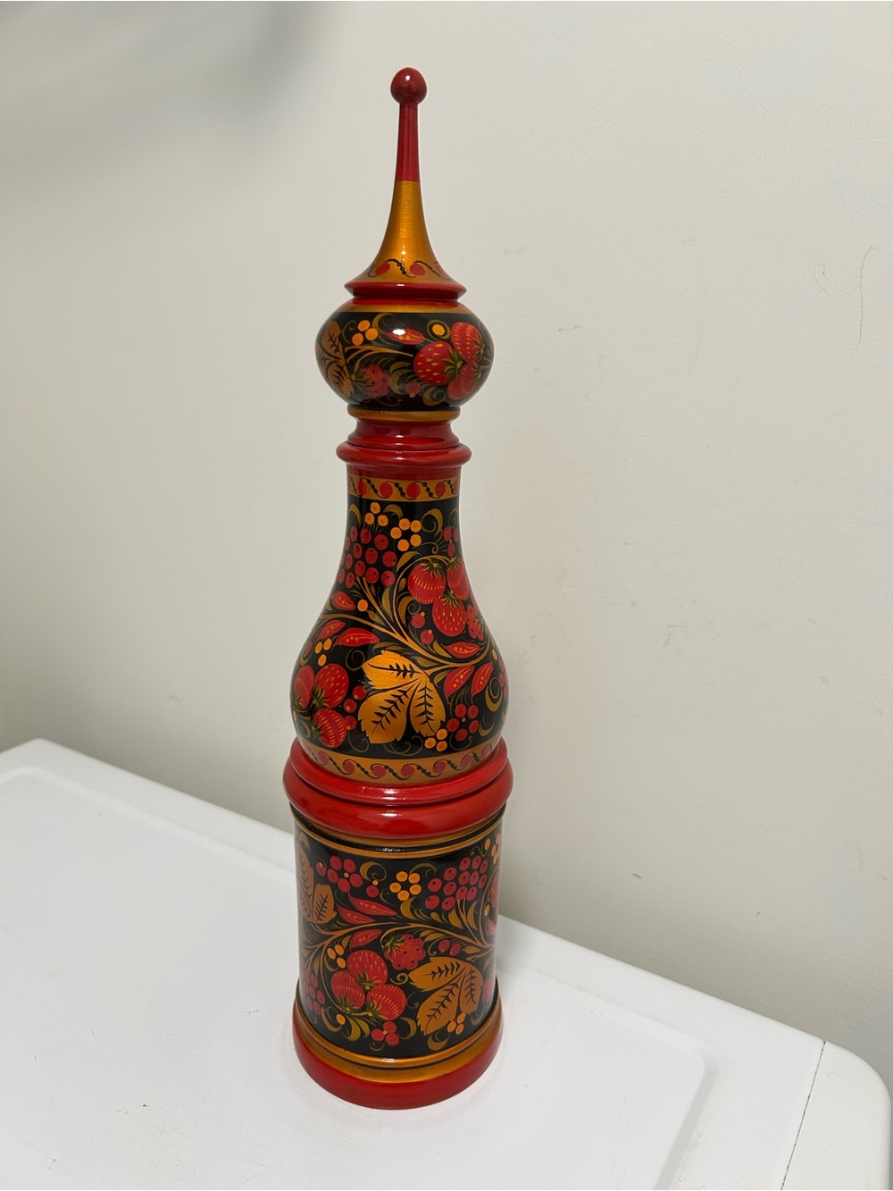 Vintage Russian Khokhloma Wooden Lacquer Bottle Case Red Black Gold
